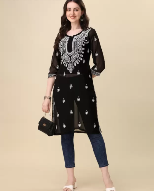 Women Chikan Embroidery Georgette A-line Kurta